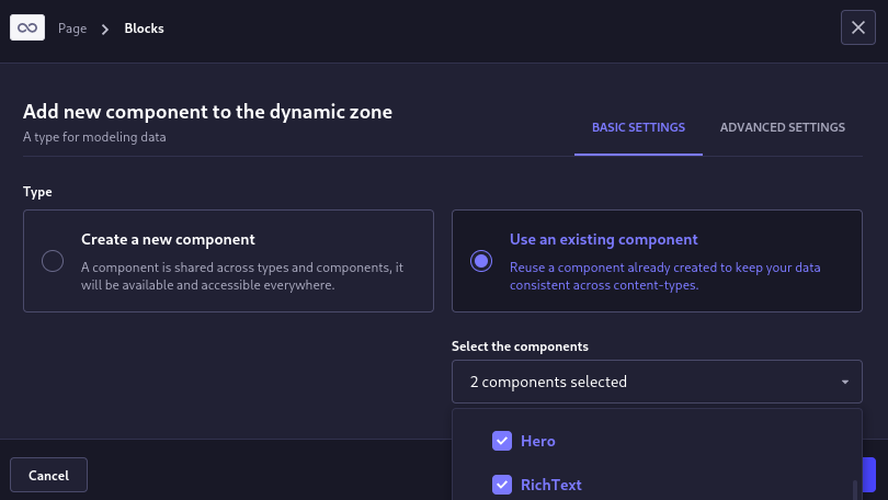 add dynamic zone on page