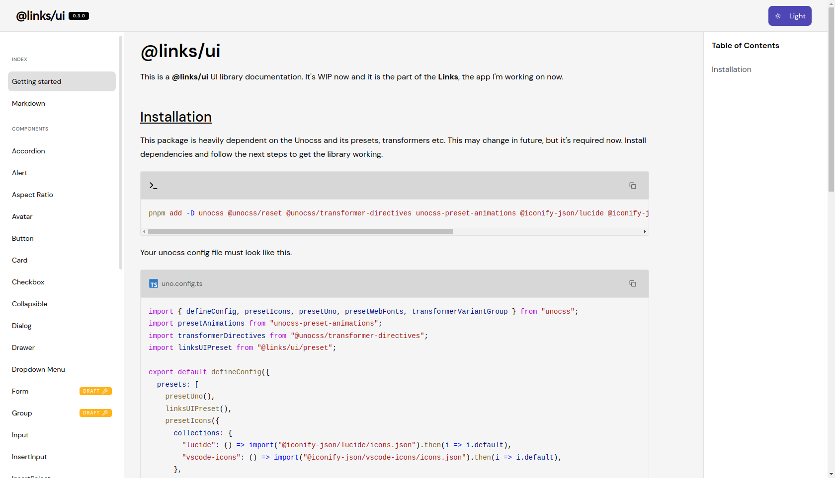 @links/ui docs page screenshot